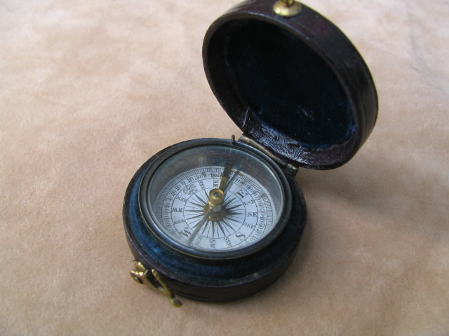 Victorian English bar needle pocket compass in leather covered case