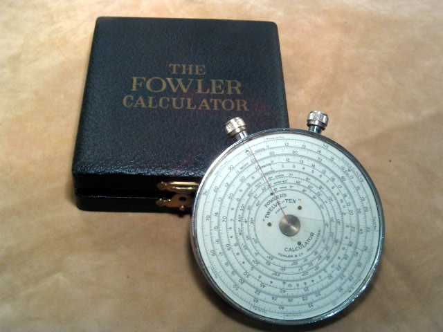 The Fowlers Twelve Ten circular calculator with presentation case