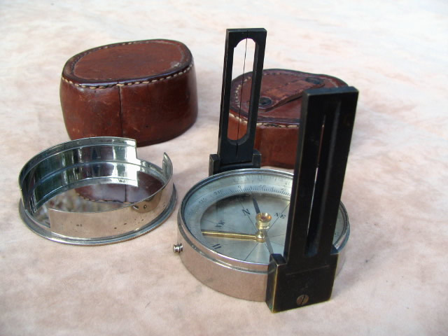 Vintage surveyors pocket compass with leather case