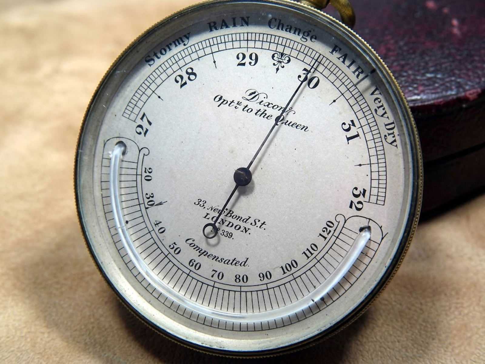 19th C Dixey pocket barometer with curved thermometer