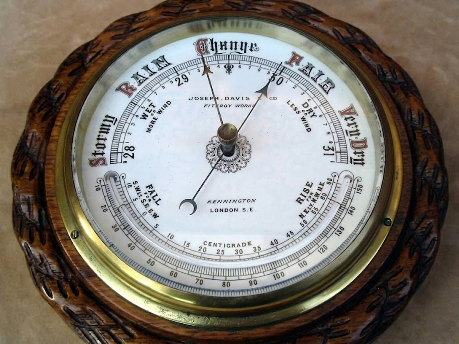 Joseph Davis 19th C barometer with curved thermometer