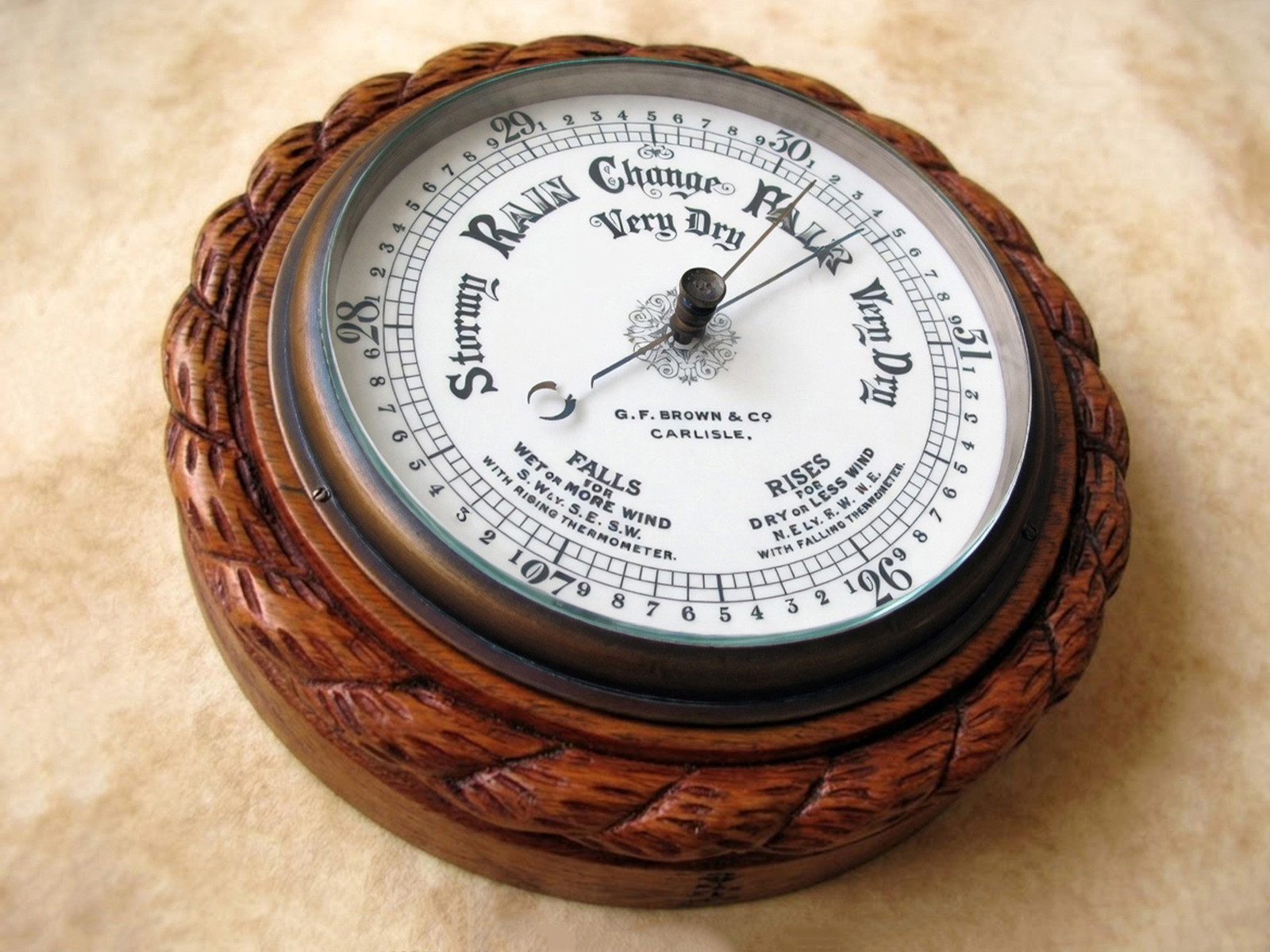 19th century rope twist aneroid barometer in Oak surround