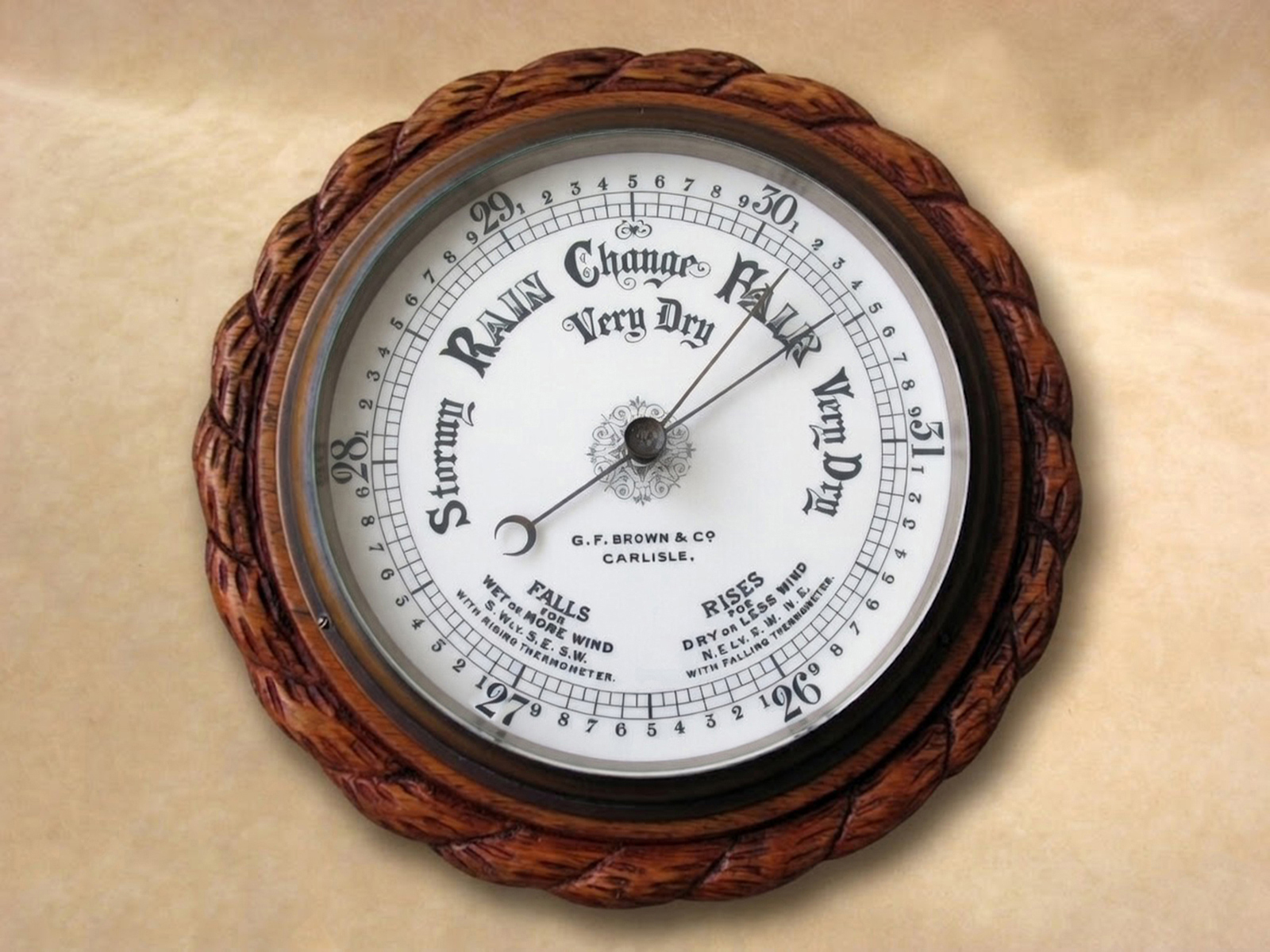 Large Oak rope twist barometer by G F Brown & Co, Carlisle