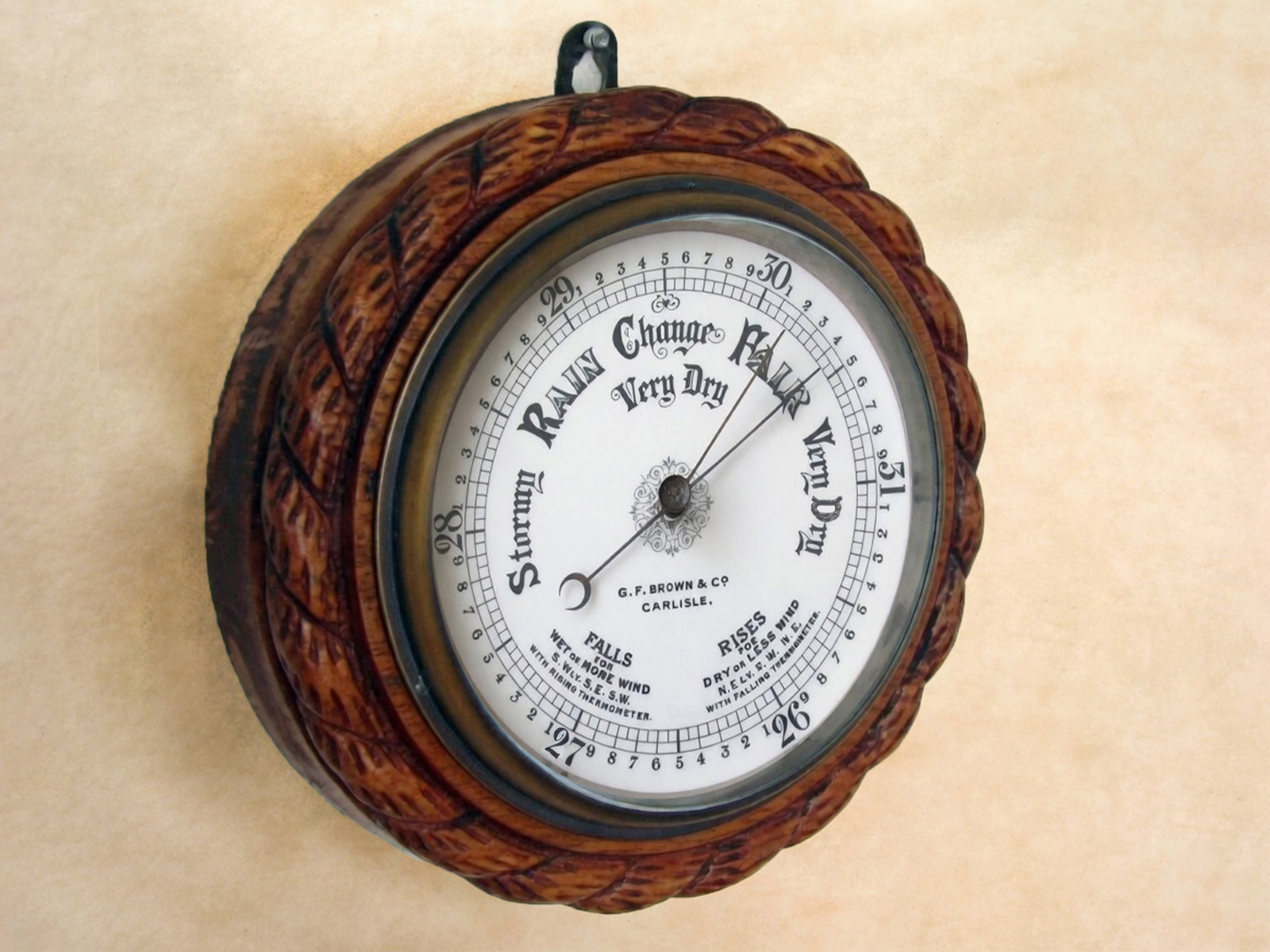 Oak rope twist aneroid barometer by G F Brown & Co Carlisle
