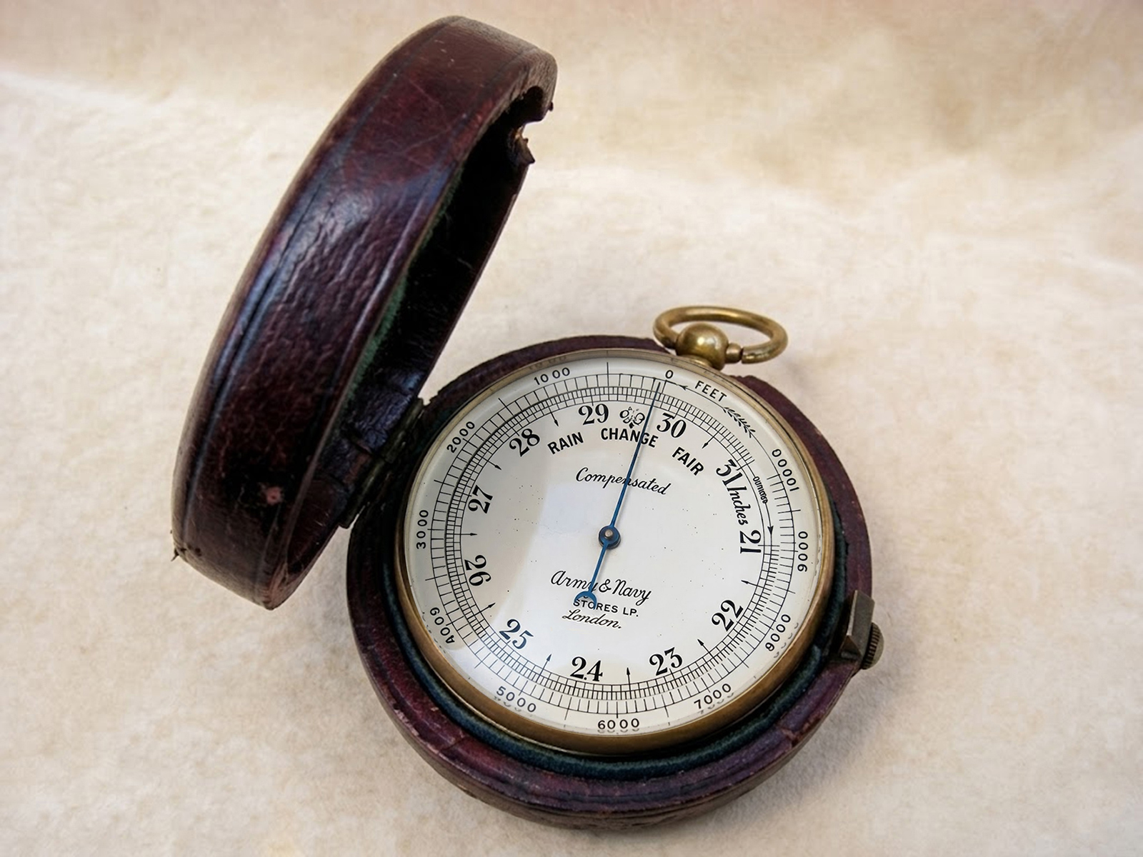 Army & Navy pocket barometer in leather case