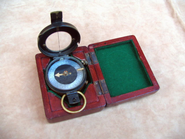 Verners MKVII marching compass in fitted mahogany case